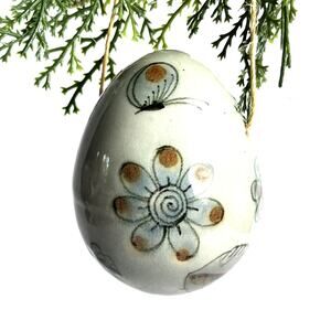 VTG Tonala Mexican Pottery Egg Ornament  Neutral Tan Blue Bird Flower Butterfly